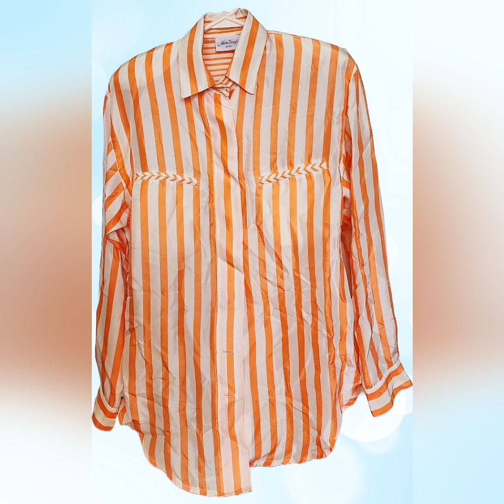 Vintage orange white stripe silk long sleeve button down shirt s / m 90s